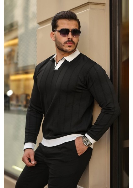 Erkek Renkli Yaka Manşet Uzun Kollu Triko