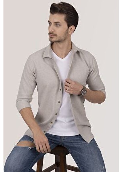 Slimfit Erkek Gömlek Klasik Stil Sütlü Kahve Renk Cepsiz Tasarım fiyatları