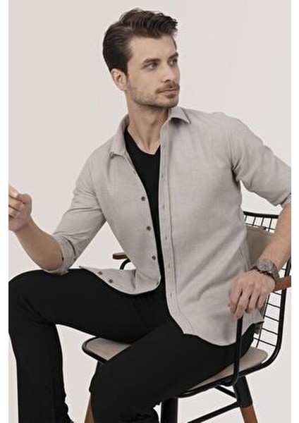 Slimfit Erkek Gömlek Klasik Stil Sütlü Kahve Renk Cepsiz Tasarım modelleri