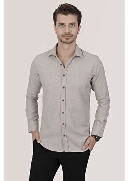 Slimfit Erkek Gömlek Klasik Stil Sütlü Kahve Renk Cepsiz Tasarım fırsatları