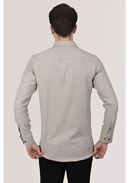 Slimfit Erkek Gömlek Klasik Stil Sütlü Kahve Renk Cepsiz Tasarım