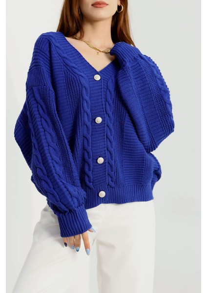 Saks Mavi Renk Balon Kol Triko Hırka indirimleri