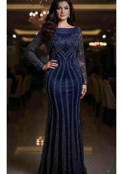 Lacivert Simli,taşlı,tasarım,şık,uzun Kollu Abiye Elbise - Özel Davet ve Gece Elbisesi