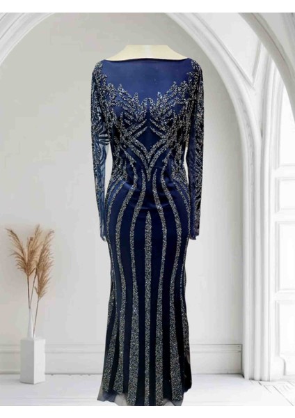 Lacivert Simli,taşlı,tasarım,şık,uzun Kollu Abiye Elbise - Özel Davet ve Gece Elbisesi fiyatları