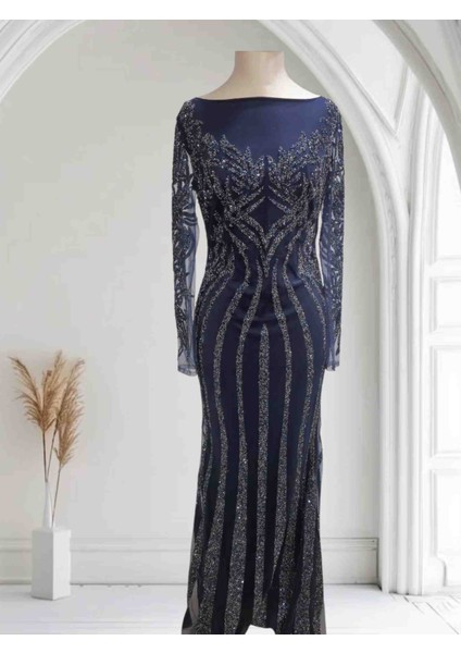 Lacivert Simli,taşlı,tasarım,şık,uzun Kollu Abiye Elbise - Özel Davet ve Gece Elbisesi modelleri