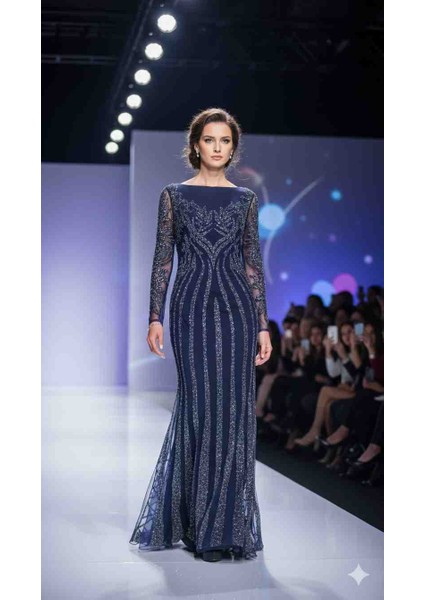 Lacivert Simli,taşlı,tasarım,şık,uzun Kollu Abiye Elbise - Özel Davet ve Gece Elbisesi fırsatları