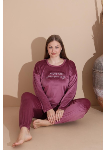 Kadın Kışlık Fransız Kadife Büyük Beden Bisiklet Yaka Uzun Kol Pijama Takımı 03147 - 1 Adet