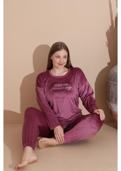 Kadın Kışlık Fransız Kadife Büyük Beden Bisiklet Yaka Uzun Kol Pijama Takımı 03147 - 1 Adet modelleri