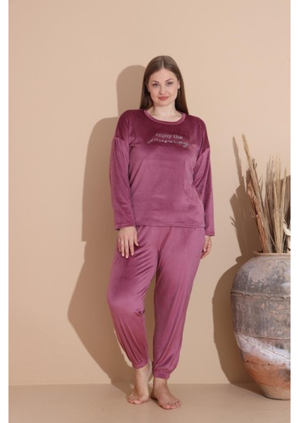 Kadın Kışlık Fransız Kadife Büyük Beden Bisiklet Yaka Uzun Kol Pijama Takımı 03147 - 1 Adet fırsatları