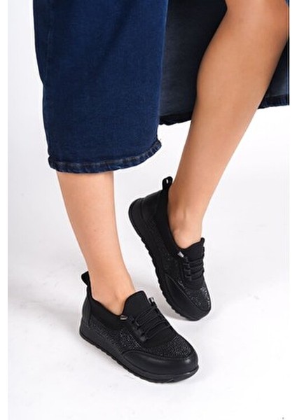 Rosa Bağcıklı Lastikli Ortopedik Rahat Taban Cilt Taş Detaylı Babet Anne Ayakkabısı St Siyah indirimleri