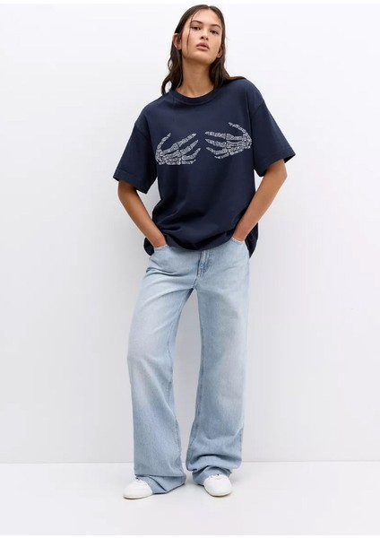 -Kadın Stras Apple Taş Baskılı Kısa Kollu Tshırt Pamuklu Oversize