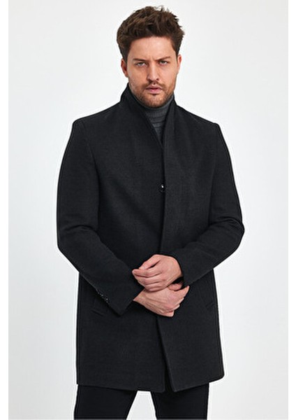 Erkek Siyah Kaşe Kaban Kalın Dik Yaka Regular Kalıp Günlük Stil fırsatları