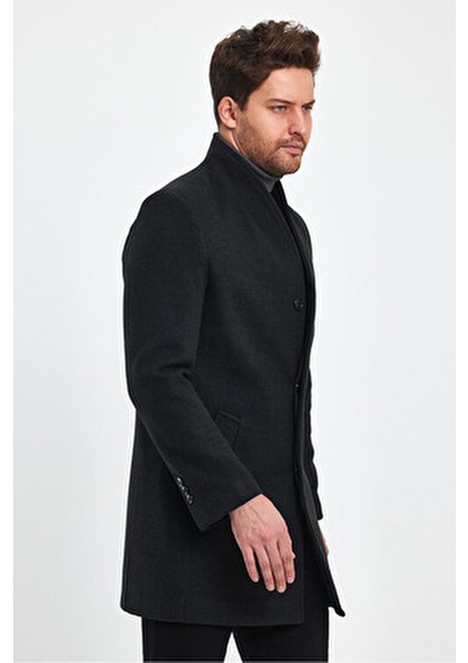 Erkek Siyah Kaşe Kaban Kalın Dik Yaka Regular Kalıp Günlük Stil indirimleri