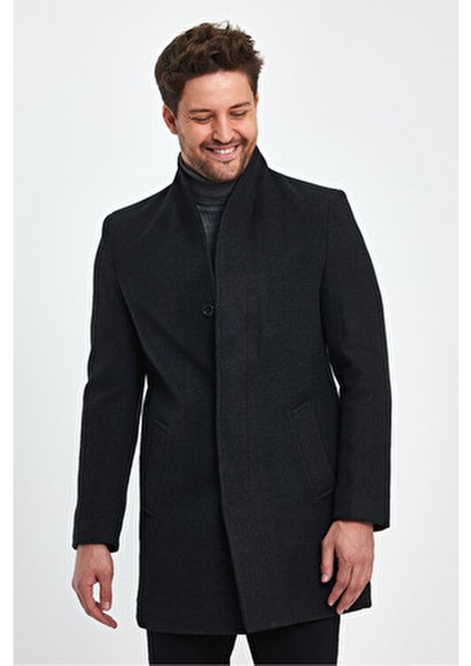 Erkek Siyah Kaşe Kaban Kalın Dik Yaka Regular Kalıp Günlük Stil