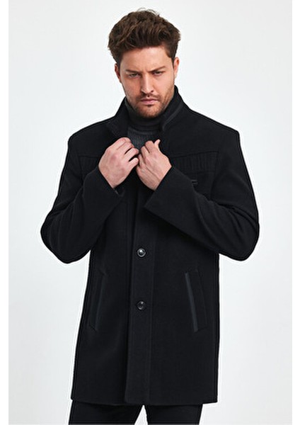 Erkek Slim Fit Siyah Kaşe Kaban Kalın Dik Yaka Günlük Kullanım İçin fırsatları