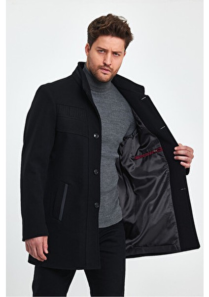 Erkek Slim Fit Siyah Kaşe Kaban Kalın Dik Yaka Günlük Kullanım İçin indirimleri