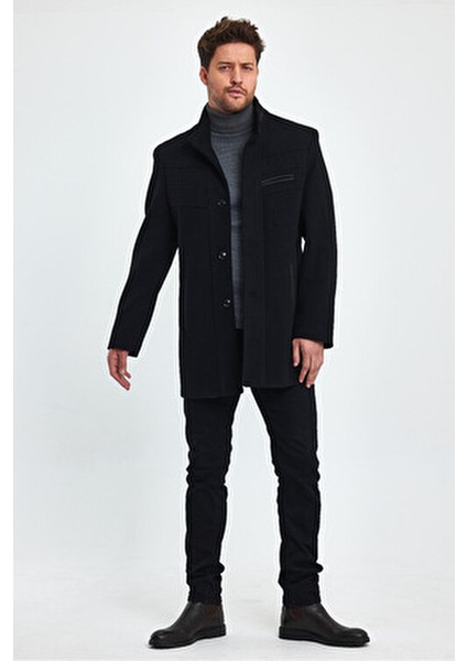 Erkek Slim Fit Siyah Kaşe Kaban Kalın Dik Yaka Günlük Kullanım İçin