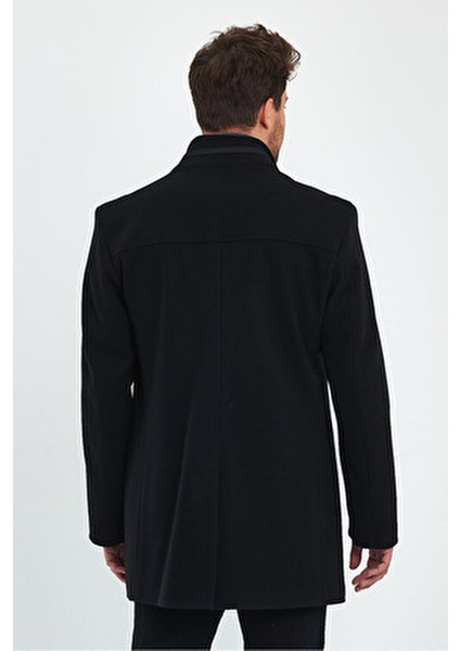 Erkek Slim Fit Siyah Kaşe Kaban Kalın Dik Yaka Günlük Kullanım İçin