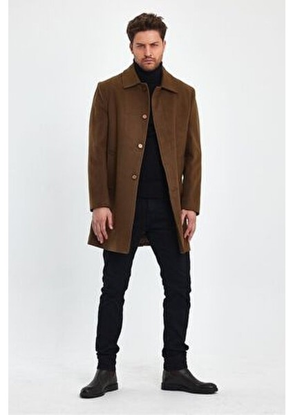 Erkek Taba Regular Fit Kaşe Kaban Gömlek Yaka Uzun Kol Astarlı Günlük Kullanım İçin