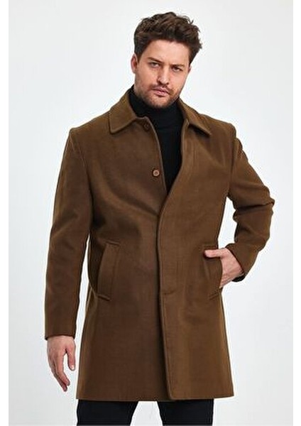 Erkek Taba Regular Fit Kaşe Kaban Gömlek Yaka Uzun Kol Astarlı Günlük Kullanım İçin