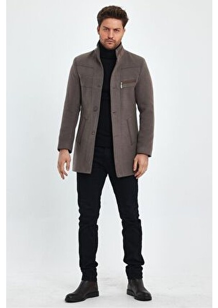Erkek Dar Kalıp Vizon Kaşe Kaban Dik Yaka Astarlı Günlük Kullanım İçin