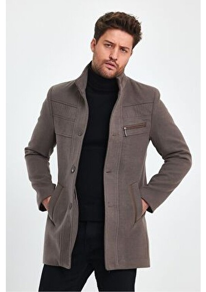 Erkek Dar Kalıp Vizon Kaşe Kaban Dik Yaka Astarlı Günlük Kullanım İçin