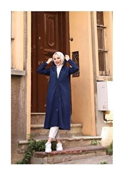 Denim Kapşonlu Kap- Denin Pardesü Mavi-