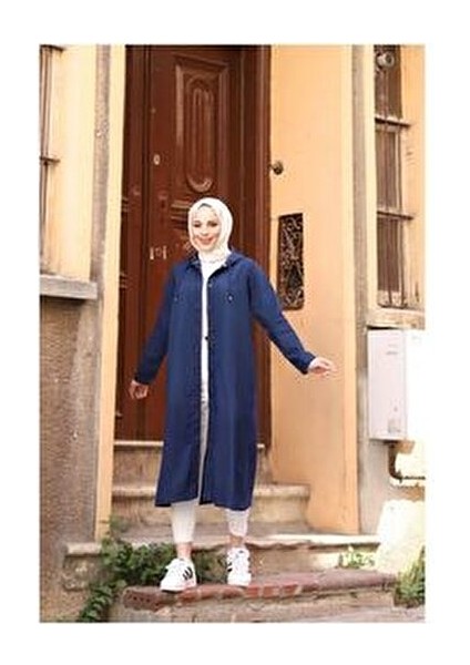 Denim Kapşonlu Kap- Denin Pardesü Mavi-