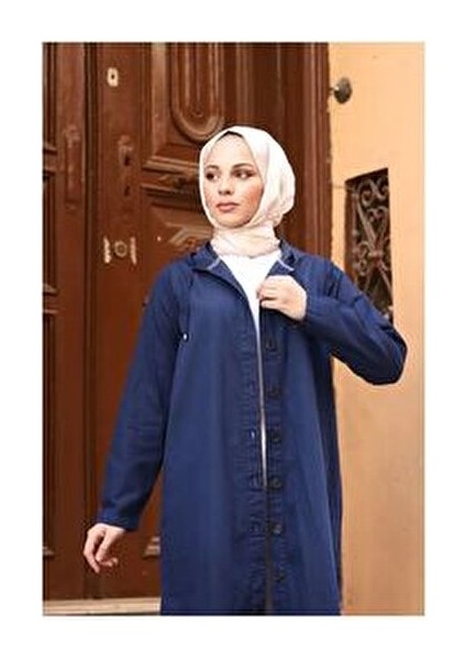 Denim Kapşonlu Kap- Denin Pardesü Mavi-