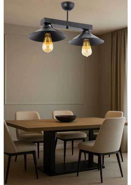 Japon 2’li Modern Sıralı Avize Siyah | Metal Gövde Plastik Şapka (Mutfak-Hol)