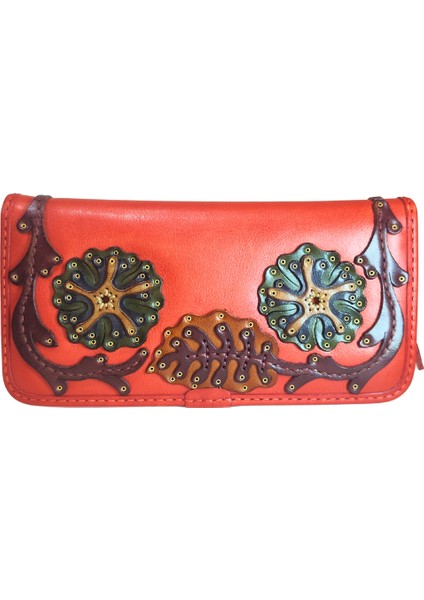 %100 Deri El Yapımı Yatay Telefon Bölmeli Fermuarlı ve Çıt Çıtlı Kadın Cüzdan (Liva)