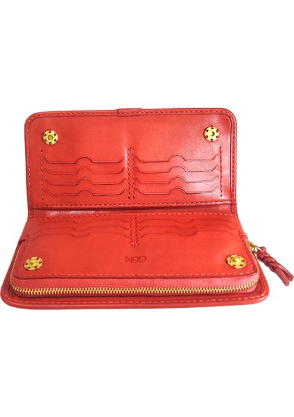 %100 Deri El Yapımı Yatay Telefon Bölmeli Fermuarlı ve Çıt Çıtlı Kadın Cüzdan (Liva)