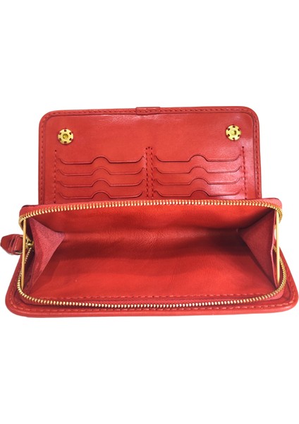 %100 Deri El Yapımı Yatay Telefon Bölmeli Fermuarlı ve Çıt Çıtlı Kadın Cüzdan (Liva)