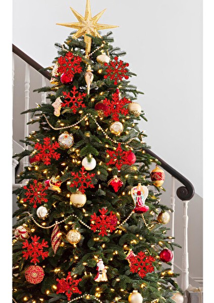 Kırmızı Simli Kar Tanesi Yılbaşı Ağaç Süsü 12'li Paket 8x8 cm