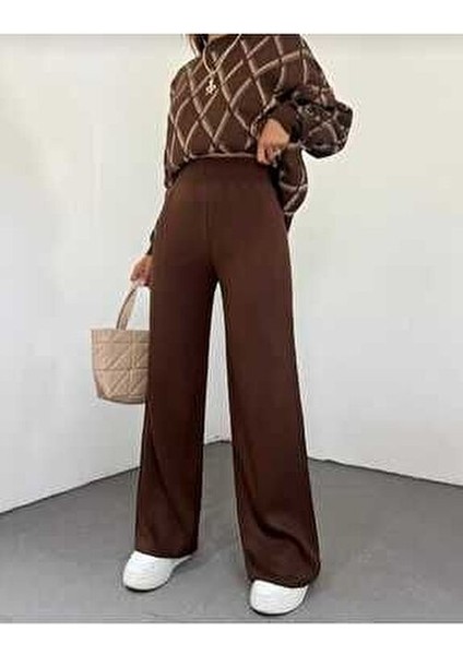 Kadın Kışlık Rahat Kalıp Bol Paça Comfort Beli Lastikli Triko Pantolon