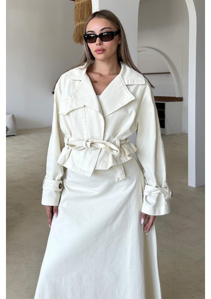 Kuşak Detaylı Crop Denim Ceket Ekru 8277