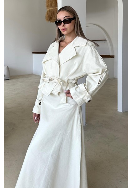 Kuşak Detaylı Crop Denim Ceket Ekru 8277 fiyatları