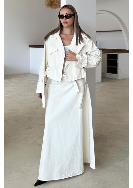 Kuşak Detaylı Crop Denim Ceket Ekru 8277 modelleri