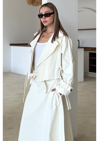 Kuşak Detaylı Crop Denim Ceket Ekru 8277 fırsatları