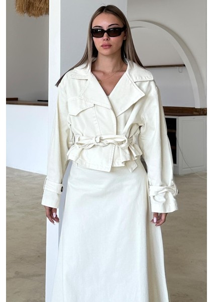 Kuşak Detaylı Crop Denim Ceket Ekru 8277 indirimleri