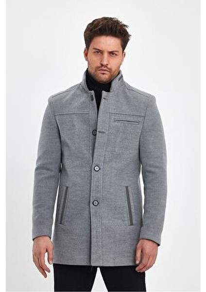Erkek Açık Gri Kaşe Kaban Slim Fit Hakim Yaka Günlük Tarz