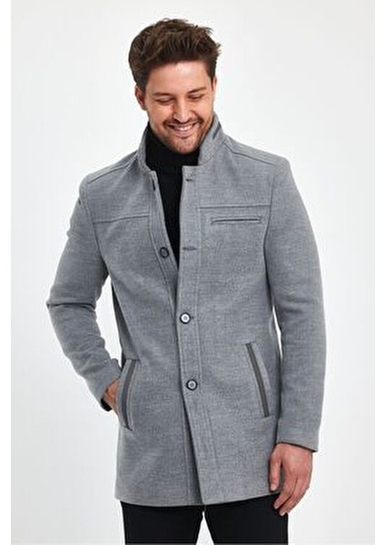 Erkek Açık Gri Kaşe Kaban Slim Fit Hakim Yaka Günlük Tarz modelleri