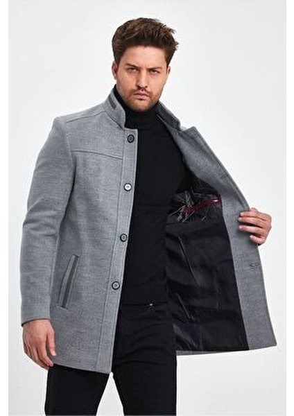Erkek Açık Gri Kaşe Kaban Slim Fit Hakim Yaka Günlük Tarz
