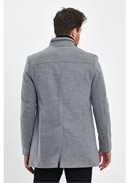 Erkek Açık Gri Kaşe Kaban Slim Fit Hakim Yaka Günlük Tarz