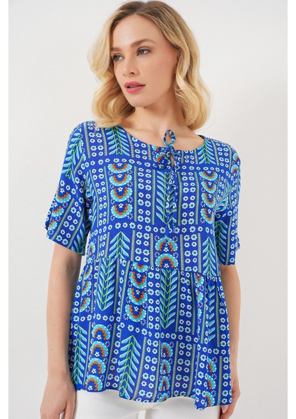 Kadın BDART Baskılı Yuvarlak Yakalı Lastikli Bluz Blue