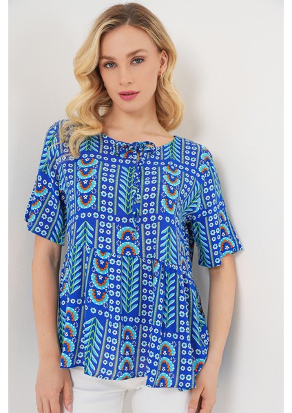Kadın BDART Baskılı Yuvarlak Yakalı Lastikli Bluz Blue modelleri