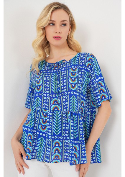 Kadın BDART Baskılı Yuvarlak Yakalı Lastikli Bluz Blue fırsatları
