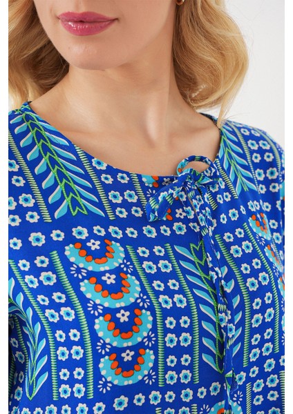 Kadın BDART Baskılı Yuvarlak Yakalı Lastikli Bluz Blue indirimleri