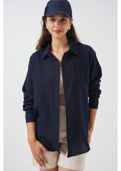 Kadın Bdart Büyük Boy Uzun Kollu Düğmeli Gömlek Lacivert
