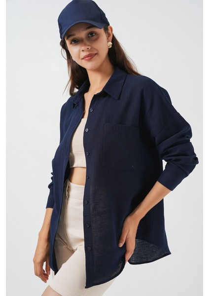 Kadın Bdart Büyük Boy Uzun Kollu Düğmeli Gömlek Lacivert indirimleri